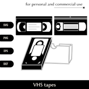 VHS tapes SVG, Retro video cassette png, eps, dxf, Videotape recording system vector, Nostalgic electronics clipart, Old media device logo