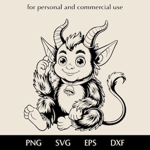 May include: Black and white illustration of a cartoon imp with horns, large ears, and a bell collar. The imp is seated, with one hand raised. Text at the top reads "for personal and commercial use." File types PNG, SVG, EPS, and DXF are listed at the bottom.
