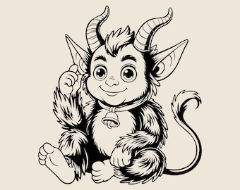 Cute smiling baby Krampus SVG, Christmas folklore character png, eps, dxf, Cartoon mystical creature vector, Child-friendly monster clipart