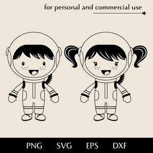 Cute kids astronauts SVG, Boy and girl in space png, eps, dxf, Smiling characters in spacesuits vector, Little galaxy explorers clipart logo