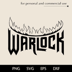 Puede incluir: Diseño gráfico en blanco y negro de la palabra "WARLOCK" con un diseño de llama estilizado sobre la palabra.