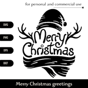 メリークリスマスの挨拶 SVG、冬の帽子とスカーフのテキスト png、eps、dxf、鹿の角で飾られたかわいい碑文のベクター クリップアート