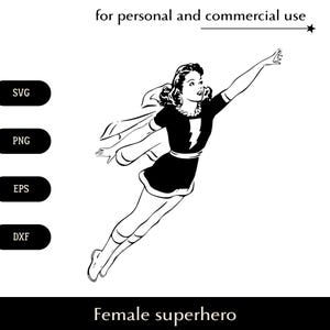 Vrouwelijke superheld in cape met bliksem SVG, meisje in klassieke held outfit png, eps, dxf, vintage print vector, supervrouw die kan vliegen clipart