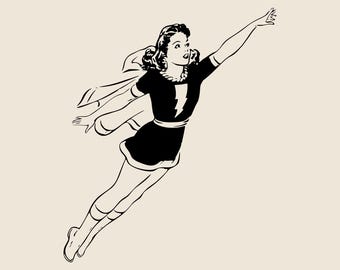 Superheroína con capa y rayo (SVG), Chica con traje de heroína clásico (PNG, EPS, DXF), Vector con estampado vintage, Imagen prediseñada de Supermujer que puede volar