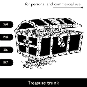 Baú aberto preto e branco com moedas de ouro SVG logo, Antigo baú de tesouro pirata png, eps, dxf, Clipart para aventureiros Download digital
