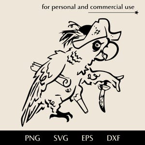 Papagei Pirat mit Schwert, Karte und Holzbein SVG, Papagei im Piratenhut png, eps, dxf, Cartoon Seemann Vogel Vektor, lustige Kinder Party Clipart