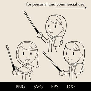 Meisje leraar met aanwijzer en boek SVG set, schattige cartoon vrouw pedagoog png, eps, dxf, werken met kinderen vector, terug naar school clipart