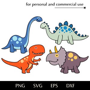 Niedliches kleines Dinosaurier SVG Bundle, Stegosaurus Triceratops Tyrannosaurus Diplodocus png, eps, dxf, Junge Archäologen Kinder Clipart Logo