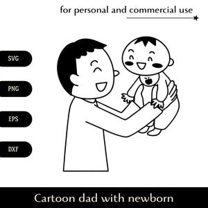 Il padre tiene in braccio un grazioso bambino SVG, Papà dei cartoni animati con neonato png, eps, dxf, Vettore per la festa del papà, Giovane papà con figlio o figlia