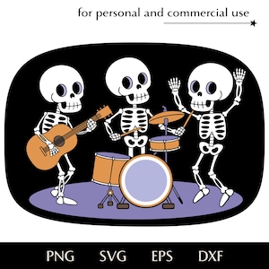 Skelettfest SVG, Odöd musikgrupp png, eps, dxf, Halloween rockkonsertvektor, Trio beniga musiker clipart, Gitarrist trummis sångare