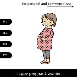 Mujer embarazada feliz con vestido de lunares SVG, futura madre de dibujos animados con barriga grande PNG, EPS, DXF, clipart vectorial de embarazo avanzado
