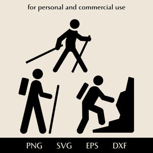 ハイキングやウォーキング用の道路標識セット SVG、バックパックとトレッキングポールを持った人のシンプルなシルエット png、eps、dxf、棒人間ベクター