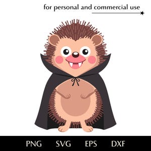 May include: A cartoon illustration of a hedgehog dressed as a vampire. The hedgehog has brown quills, a tan body, pink cheeks, and a black cape tied with a bow. The image includes the text "for personal and commercial use" and file type options.