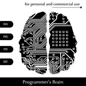 黒と白のロボット マザーボード ブレイン SVG、人工知能 png、eps、dxf、コンピュータ クラブ ロゴ、プログラマー向けベクター デジタル ダウンロード