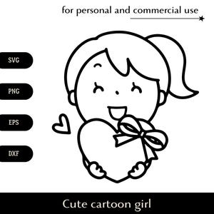 Garota fofa de desenho animado segurando um cartão de dia dos namorados SVG, Garota feliz com um grande coração png, eps, dxf, Mulher aproveitando uma caixa de chocolates com logotipo vetorial de arco