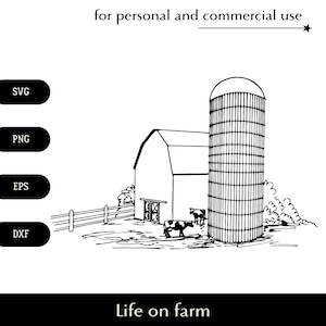 Granero enorme en blanco y negro con almacenamiento de grano SVG, Vida en la granja png, eps, dxf, Vacas en el corral vector, Clipart fuera de la red Descarga digital