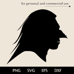 May include: A black silhouette of a profile with a long nose and flowing hair. The image includes the text "for personal and commercial use" and file type abbreviations: PNG, SVG, EPS, and DXF.
