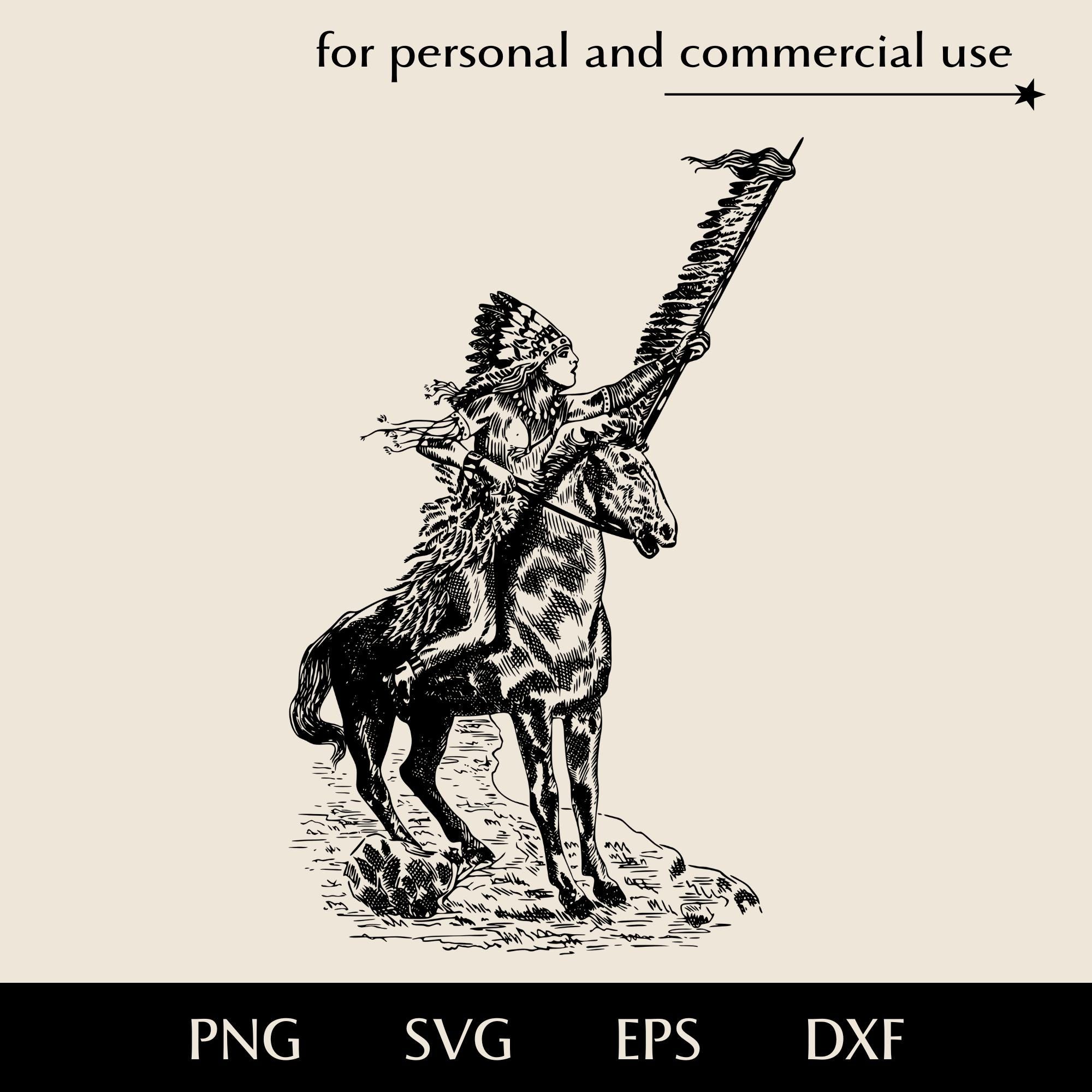 ネイティブアメリカン/幸運の槍(150cm) 槍を持った馬に乗ったネイティブアメリカンのSVG、伝統的な衣装と戦争