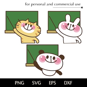 May include: A digital illustration featuring a cat, rabbit, and panda, each standing in front of a green chalkboard. The animals have pink cheeks and are holding pointers. Text at the top reads "for personal and commercial use". Below are file type options: PNG, SVG, EPS, and DXF.