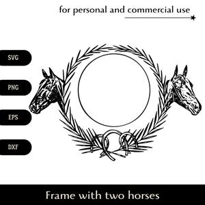 Zwart-wit frame met twee paarden en hoefijzers SVG, paardensport png, eps, dxf, vector voor paardenliefhebbers, decor digitale foto, clipart