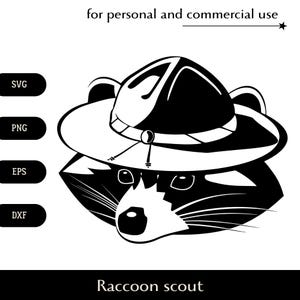 Mapache con sombrero de boy scout SVG, Cara de mapache turista png, eps, dxf, Animal divertido con sombrero vector, Mascota para campamento de recreación activa para niños clipart