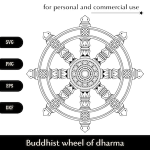 Zwart-wit boeddhistische wiel van dharma SVG-clipart, dharmachakra png, eps, dxf, Oost-Aziatische cultuur vectorbestand, logo Teachings of the Buddha