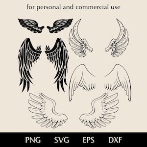 Puede incluir: Una colección de ilustraciones de alas estilizadas en blanco y negro. La imagen incluye varios diseños de alas, desde patrones de plumas detallados hasta contornos más simples. El texto en la parte superior dice "for personal and commercial use", y la parte inferior muestra las opciones de tipo de archivo: PNG, SVG, EPS y DXF.