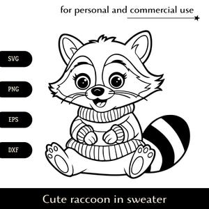 Cute raccoon in striped sweater SVG, Cartoon character in warm clothes png, eps, dxf, Cheerful baby raccoon vector, Funny totem animal logo