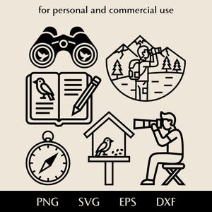 Paquete de archivos SVG para observación de aves, cuaderno abierto con lápiz (PNG, EPS, DXF), binoculares y brújula (vector), clipart de pasatiempo de observador de aves (actividad recreativa)