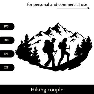 Homem e mulher caminhando nas montanhas silhueta SVG, Turistas caminham pela trilha png, eps, dxf, Vetor de recreação ativa, Logotipo de encontro na natureza