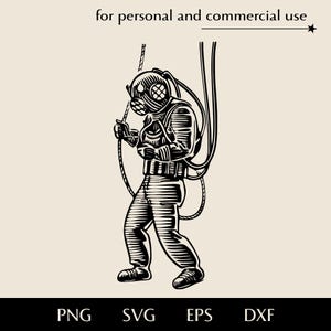 Deep diver walk on the bottom of the sea SVG, Heavy gear diving suit for underwater work eps, dxf, Historical atmospheric scuba suit clipart