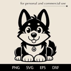 Desenho animado engraçado de pastor SVG, Filhote de cachorro fofo com orelhas grandes e rabo fofo png, eps, dxf, Vetor de impressão de pata de cachorro usando coleira, Clipart de pais de animais de estimação