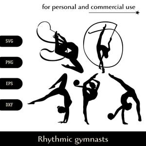 Silhouette de gymnaste gracieuse flexible SVG, png de gymnastique rythmique, eps dxf, fille exerçant avec le vecteur de ruban de boule, logo de sport esthétique