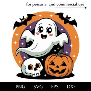 Classic Halloween SVG, Cute ghost, skull, jack-o-lantern, bats png, eps, dxf, Colorful child friendly vector, Fun bright festive print logo