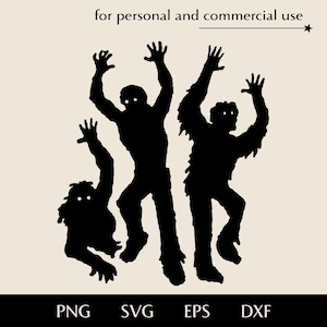 Könnte beinhalten: Schwarze Silhouette von drei Zombie-Figuren mit erhobenen Armen, vor cremefarbenem Hintergrund. Der Text "for personal and commercial use" steht über den Figuren. Darunter sind die Dateityp-Optionen: PNG, SVG, EPS und DXF.