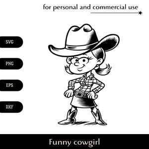 Funny cartoon cowgirl SVG, Woman in cowboy hat and boots png, eps, dxf, Rodeo rider in plaid shirt vector, Humorous drawing style clipart
