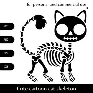 Czarno-biały uroczy szkielet kota z kreskówek logo SVG, wyimaginowany potwór zwierzęcy png, eps, dxf, plik wektorowy nieumarłego kota, zabawny clipart dla dzieci z Halloween
