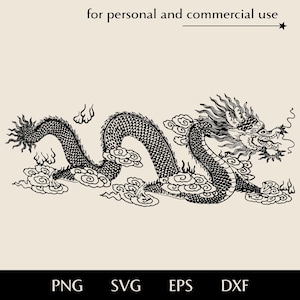May include: Black and white line art illustration of a Chinese dragon with swirling clouds. The dragon is depicted in a dynamic pose, with its head turned to the side and its tail curled around its body.