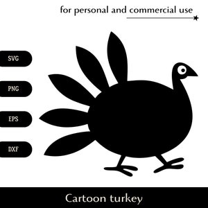 Clipart SVG de peru simples em preto e branco, pássaro bonito dos desenhos animados com olhos grandes png, eps, dxf, logotipo de vetor de símbolo do dia de Ação de Graças Download digital