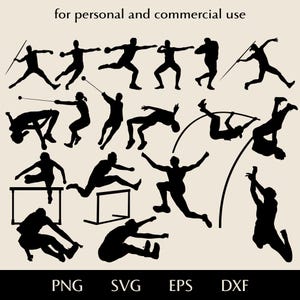 May include: A collection of black silhouettes depicting various track and field athletes in motion, including javelin throwers, high jumpers, hurdlers, and pole vaulters. The text "for personal and commercial use" and "PNG SVG EPS DXF" is included.