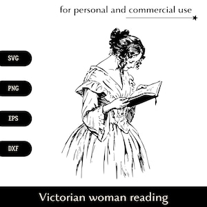 Élégante fille victorienne tenant un livre SVG, dame en robe duveteuse lisant un roman png, eps, dxf, vecteur de jeune femme écrivain, cliparts pour bibliothèque