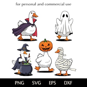 May include: A collection of cartoon geese dressed in Halloween costumes. One goose is a vampire, another a ghost, a third a witch, a fourth a jack-o'-lantern, and the last is a mummy. The image includes the text "for personal and commercial use."