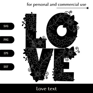 Texto de amor decorado con flores y hojas SVG, Letras mayúsculas una encima de la otra png, eps, dxf, Declaración de amor de flores vector