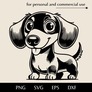 Funny cartoon dachshund pup SVG, Puppy with big eyes and tongue hanging out png, eps, dxf, Vector for dog owners, Cute drawing style clipart