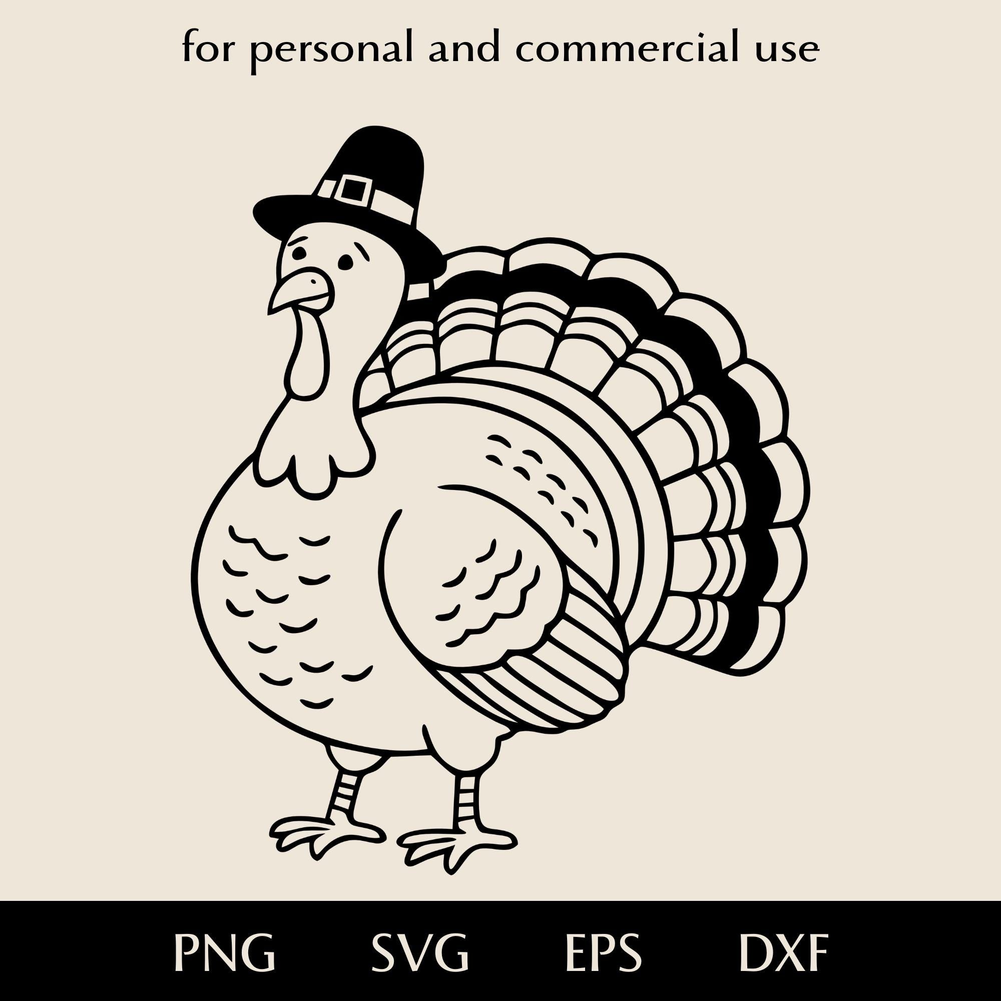 巡礼者の帽子をかぶったかわいい感謝祭の七面鳥のSVGクリップアート、漫画のお祭りの鳥のpng、eps、dxf、陽気な子供向けのマスコットキャラクターのベクター  - Etsy 日本, image size:2000x2000