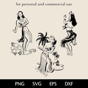 Hula dancer bundle SVG, Girls dancing Hawaiian dance png, eps, dxf, Women in kī leaf skirt top and floral lei vector, Hula kahiko clipart