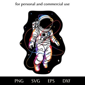 May include: A vector illustration of an astronaut in a spacesuit, floating in space. The astronaut is outlined in white with colorful accents. The background is black with stars and colorful lines. Text at the top says "for personal and commercial use".