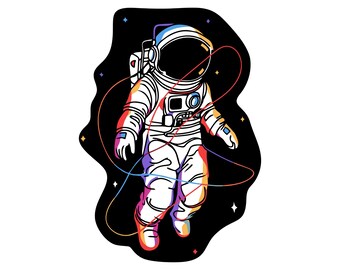Astronaut in spacesuit SVG, Multi-colored fantastic print png, eps, dxf, Man in outer space vector, Adventures among the stars clipart