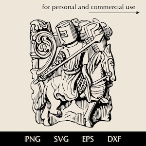 Ancient knight on horseback SVG, Medieval chevalier and horse in armour png, eps, dxf, Middle Ages historical warrior bas-relief vector logo