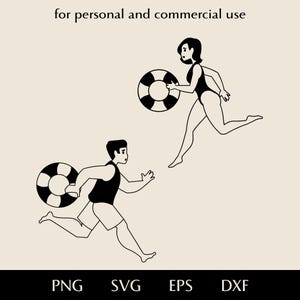Woman and man lifeguard SVG, Rescuer running with lifebuoy in hands png, eps, dxf, Swimming pool attendant figure vector, Water safety logo